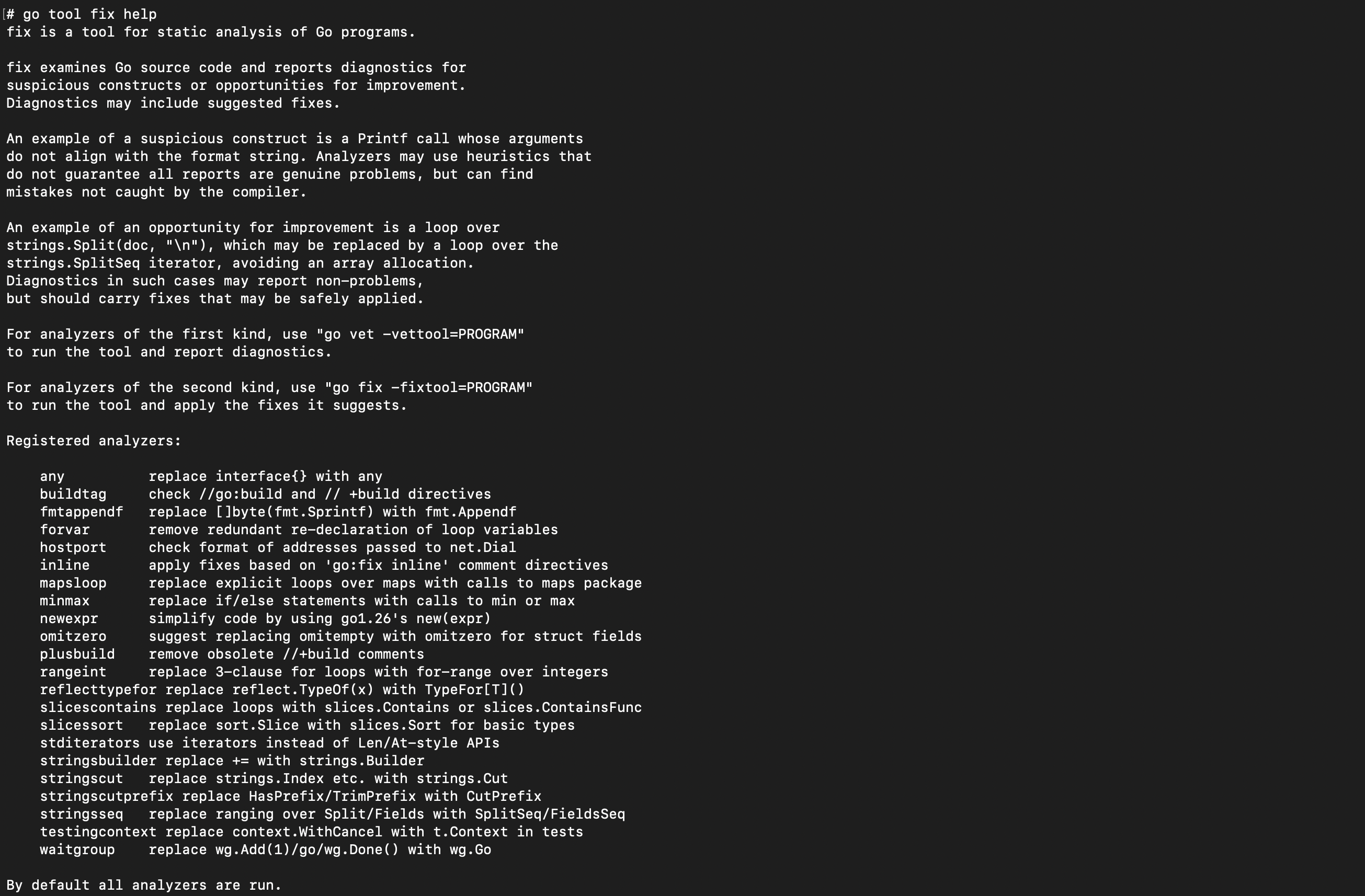 result of running `go tool fix help` command